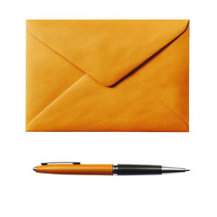 Bright orange envelope with a sleek black and orange pen on a transparent background ready for correspondence