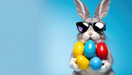 Fototapeta premium ​Adorable Easter Bunny Surrounded By Numerous Vibrantly Colored Easter Eggs, Capturing The Joy And Festivity Of The Easter Celebration.