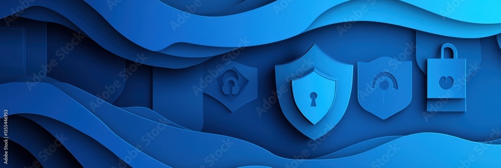 Leinwandbilder Cybersecurity themed background in layered paper art style with locks, shields, and encrypted codes in modern blue gradients for secure digital environments