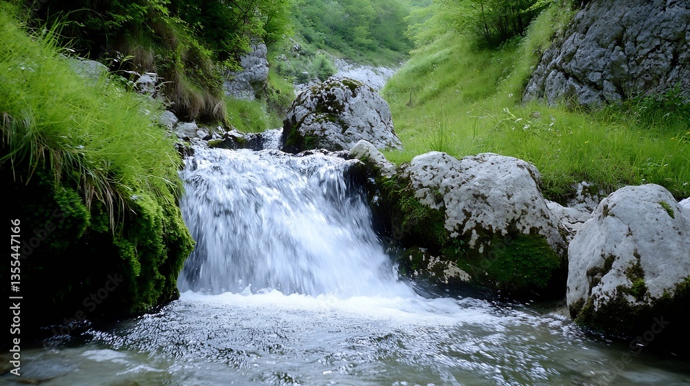 Poster serene view of a peaceful stream cascading through lush green vegetation : generative ai