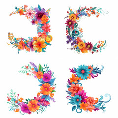 Four vibrant graphic floral corner arrangements featuring a variety of colorful flowers and leaves, perfect for decorative design elements.