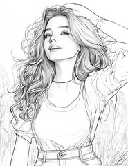 Fototapeta premium Serene Woman: A detailed and artistic black-and-white sketch portrays a young woman, radiating an aura of peace and contentment. Her long.