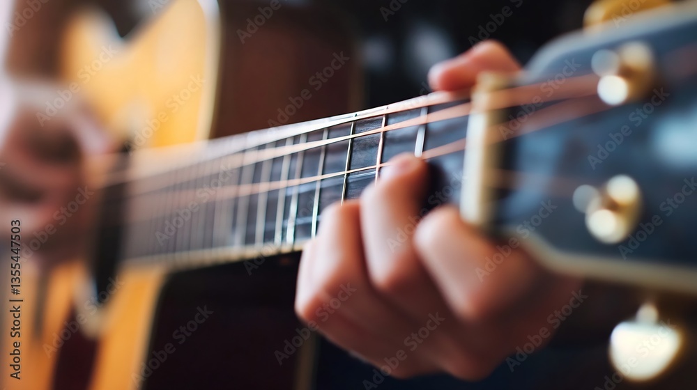 Aufkleber Closeup of hands playing guitar focusing on the strings and craftsmanship in a warm lighting setup : Generative AI