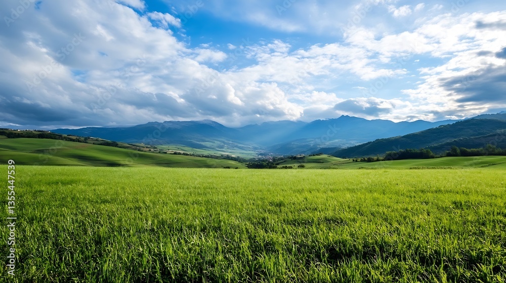 Poster expansive green field under a vast blue sky with clouds creating a breathtaking landscape : generati