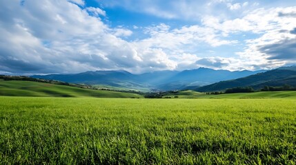 Obraz premium Expansive green field under a vast blue sky with clouds creating a breathtaking landscape : Generative AI