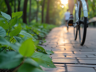 Naklejka premium Sunshine filtering through trees as a cyclist rides along a serene park pathway in the golden hour of late afternoon