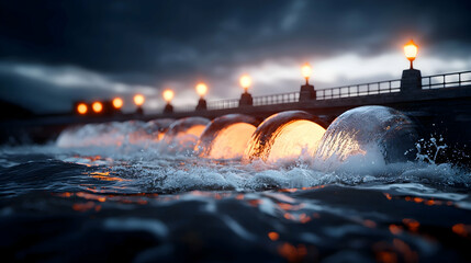 Illuminated Bridge Over Water at Night