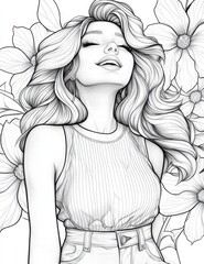 Fototapeta premium Blissful woman: Portrait of a woman surrounded by large flowers, she closes her eyes and smiles. This line art image evokes a sense of peace, freedom, and the beauty of femininity.