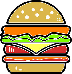 Tasty Cheeseburger Illustration, Vector illustration of two hamburgers in cartoon and realistic styles, featuring fresh ingredients like lettuce, tomato, and cheese.
