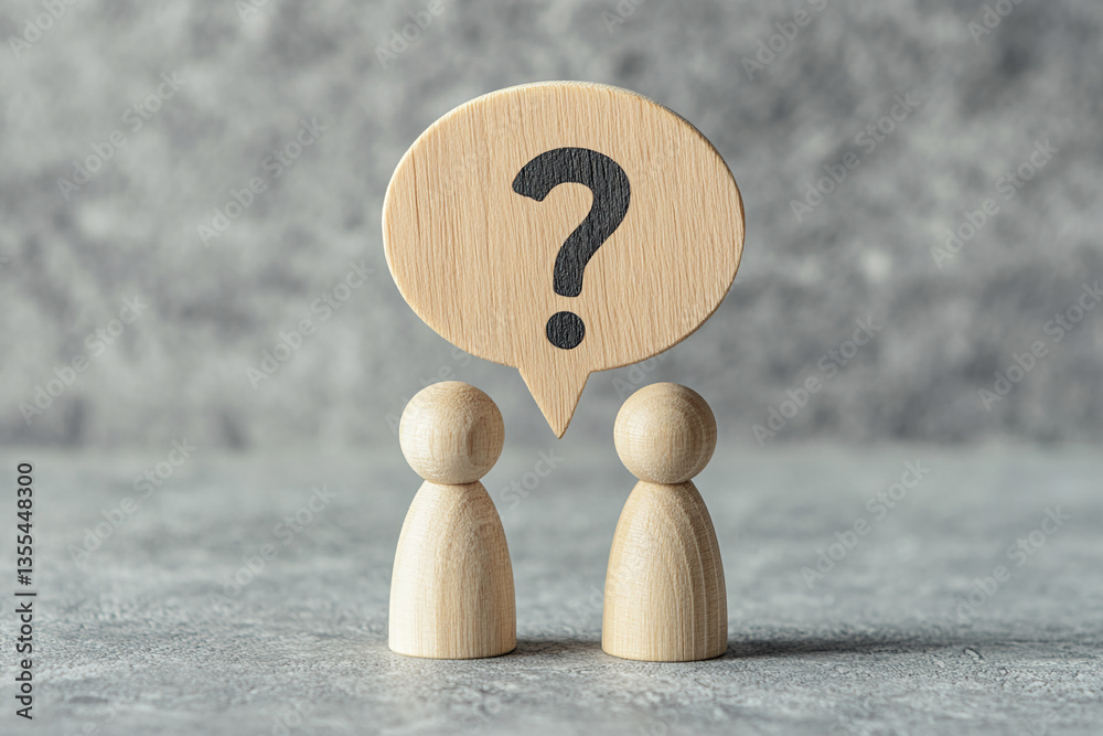Poster Two wooden figures stand below a speech bubble with a question mark, suggesting uncertainty or a need for answers, a concept of inquiry and problem-solving