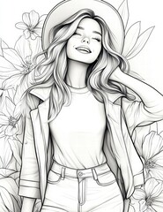 Fototapeta premium Coloring page: A woman in hat and jeans, surrounded by floral, exudes happiness and embodies the essence of springtime beauty.