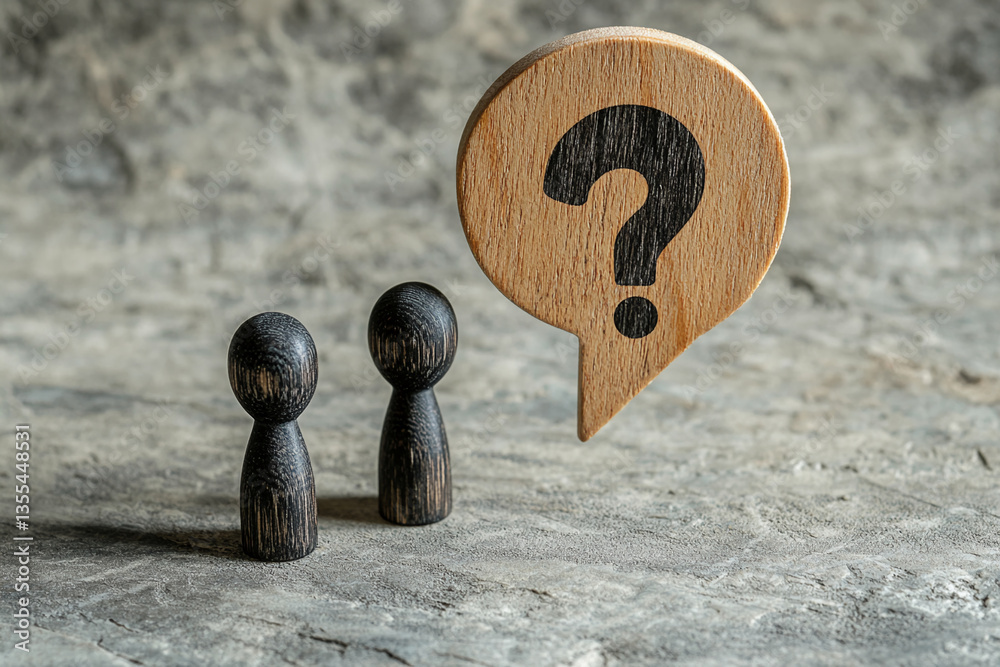 Aufkleber two dark wooden figures face a wooden question mark speech bubble, suggesting uncertainty or a quest