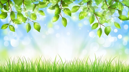 Green Leaves and Grass Background with Light and Bokeh for Springtime Concepts