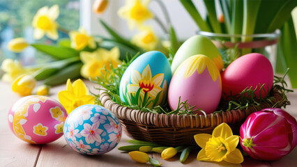 Close-Up Of Easter Eggs Surrounded By Spring Flowers On A Wooden Table, Capturing The Essence Of The Holiday In A Cozy Indoor Setting.