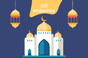 Illustration Mosque Eid Mubarak with Small Lamps, Vector Graphic Elements, Islamic Background