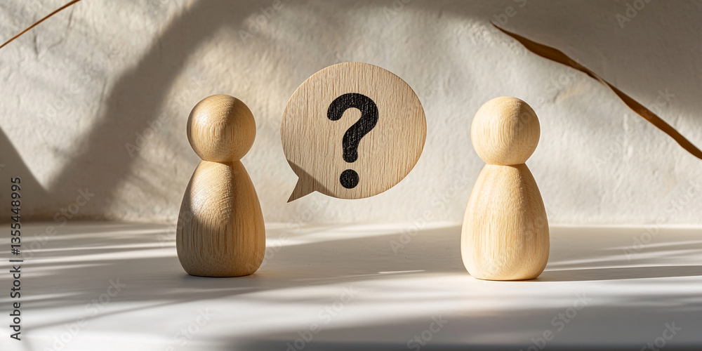 Poster two light brown wooden figures face a speech bubble with a question mark, symbolizing communication,