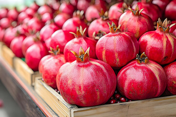 Stacked Fresh Pomegranates in Wooden Crate