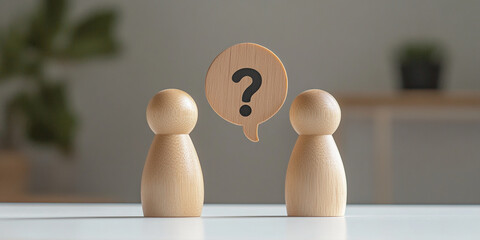 Two wooden figures face a question mark speech bubble, symbolizing inquiry, problem-solving, or decision-making