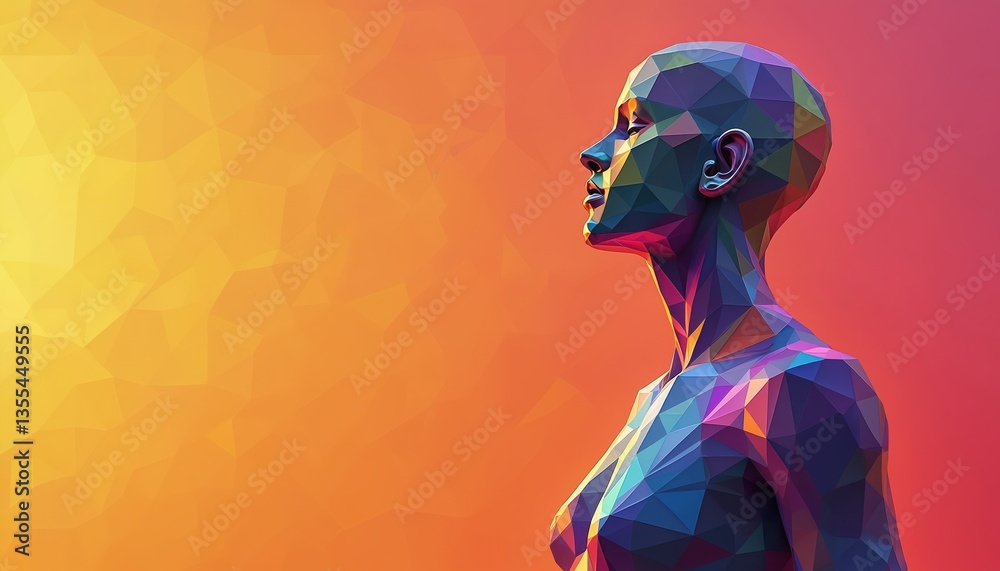 Poster stunning polygonal representation human figure with intricate geometric patterns set against vibrant