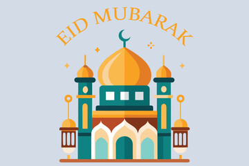 Illustration Mosque Eid Mubarak with Small Lamps, Vector Graphic Elements, Islamic Background