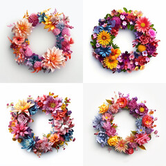 A collection of four vibrant and colorful floral wreaths arranged in a grid on a clean white background.