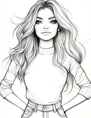Fototapeta premium Confident Woman Sketch: A stylish illustration of a woman with long wavy hair, wearing a sweater and jeans, exudes confidence and poise.