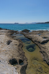 Holes of petrified tree filled with seawater at Geopark of Agios Nikolaos a Petrified Forest at mediterranean sea, Laconia, Peloponnese, Greece