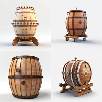Four distinct wooden barrels, each with unique decorative elements and stands, presented against a plain white background.