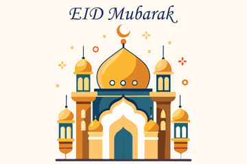 Illustration Mosque Eid Mubarak with Small Lamps, Vector Graphic Elements, Islamic Background