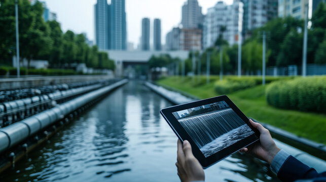 A technician monitoring the water flow in a city reservoir, looking at real-time data on a tablet while overseeing water level gauges, with city buildings and green spaces visible