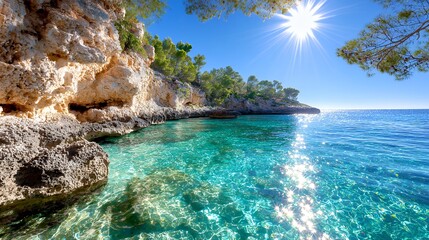 Fototapeta premium Azure Coastal Paradise with Clear Turquoise Water and Vibrant Sunlight