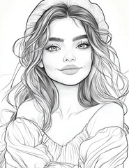 Fototapeta premium Serene Woman Portrait: A grayscale illustration of a young woman with long wavy hair, delicate features and a serene smile, conveying calmness and beauty. 