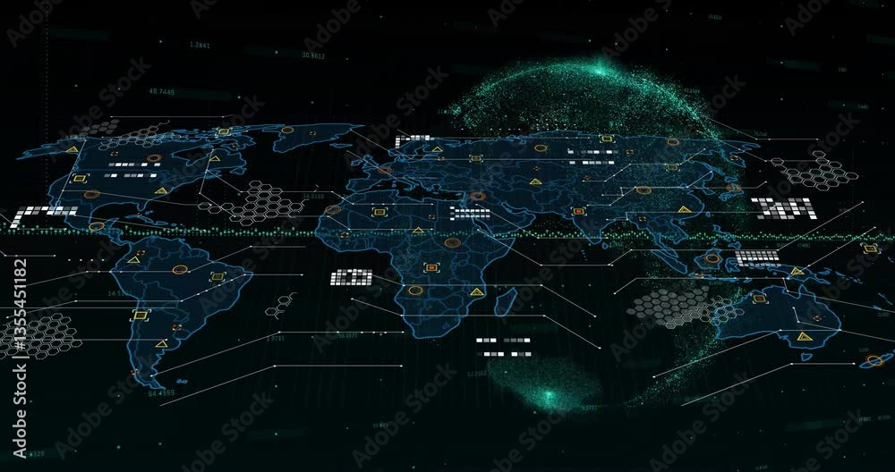 Poster animation of digital world map with data points and network connections on globe