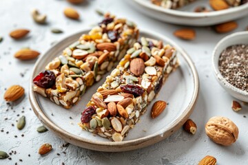 Fototapeta premium Granola bars on gray plate with nut and seed toppings. AI image