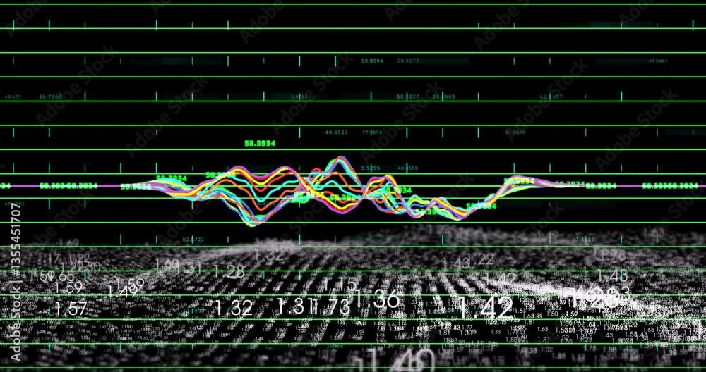 Poster analyzing colorful data graphs on digital grid background with animation