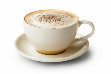 Cappuccino in white cup on saucer with cinnamon. AI image