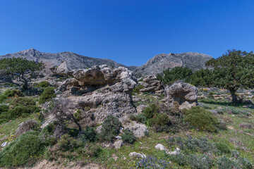 Beautiful landscape of Geopark of Agios Nikolaos at the mediterranean sea coast on a sunny spring day, Laconia, Peloponnese, Greece