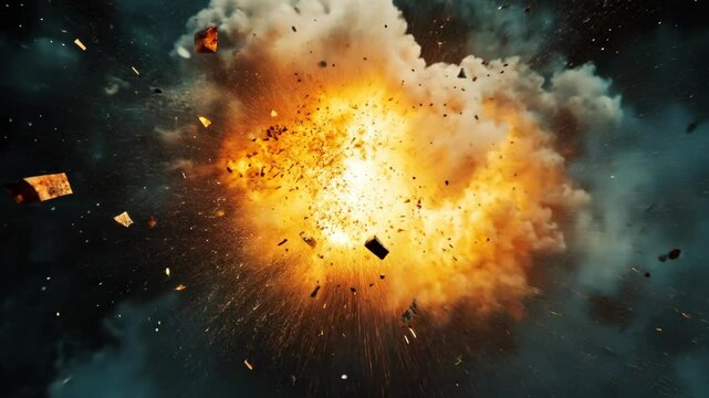 Explosion in a dark sky sending fragments and fire clouds into the atmosphere at night