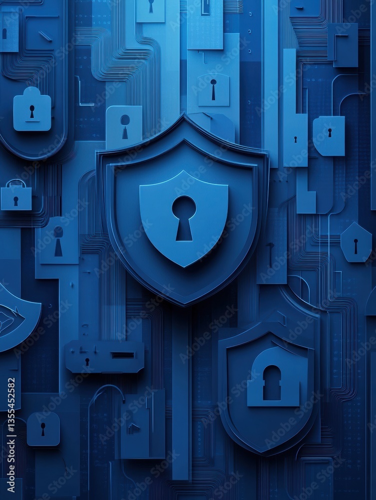 Poster cybersecurity-themed paper art design featuring layered locks and shields in modern blue gradients, 