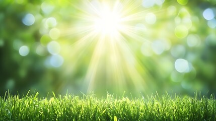 Obraz premium Bright Sunlight Shining Over Fresh Green Grass with Beautiful Bokeh Background