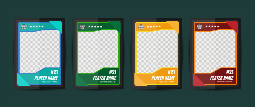Template of four colorful sports cards, perfect for creating personalized trading cards for athletes or teams. Ideal for sportsthemed design projects