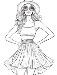 Fototapeta premium Summer Chic: An artistic illustration of a stylish woman radiating summer vibes, elegantly adorned with sunglasses and a sunhat, dressed in a fashionable ensemble. 