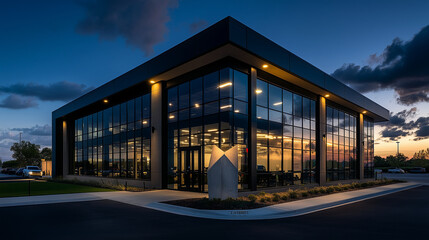 Obraz premium A sleek, angular warehouse office with a combination of dark tinted windows and light-colored concrete panels, giving it a sophisticated industrial look. A modern sculpture and amb