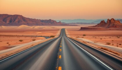 Fototapeta premium Desert Highway Road Landscape at Sunset with Mountains and Sand Dunes