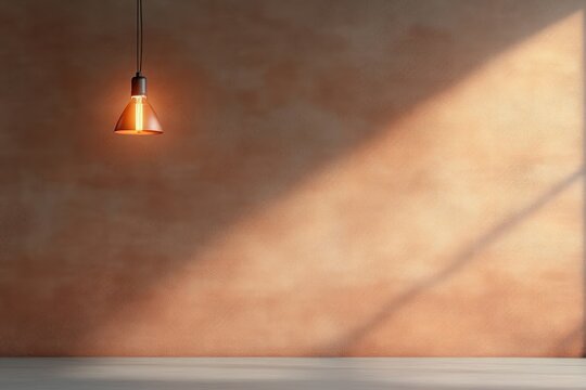 Empty room with warm lighting and a terracotta wall