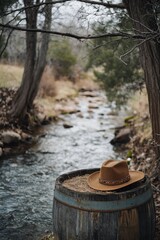 Naklejka premium Cowboy hat sits upon barrel near creek.