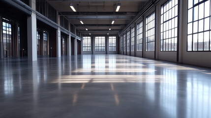 Obraz premium A large, vacant factory floor with rows of windows allowing natural light to flood the space. The smooth concrete floor is spotless, and overhead, modern, energy-efficient lights s