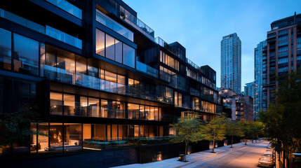 A stunning contemporary apartment complex in a prime urban location, featuring a glass-and-steel exterior, a rooftop garden, and spacious balconies. The building is lit by soft amb