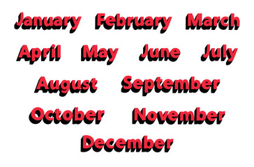 Red Uppercase Hand Drawn Month Names of the Year with Shadow