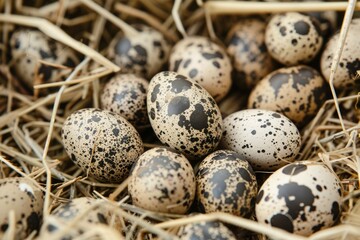 Obraz premium Cluster of quail eggs in nest among stalks. AI generated